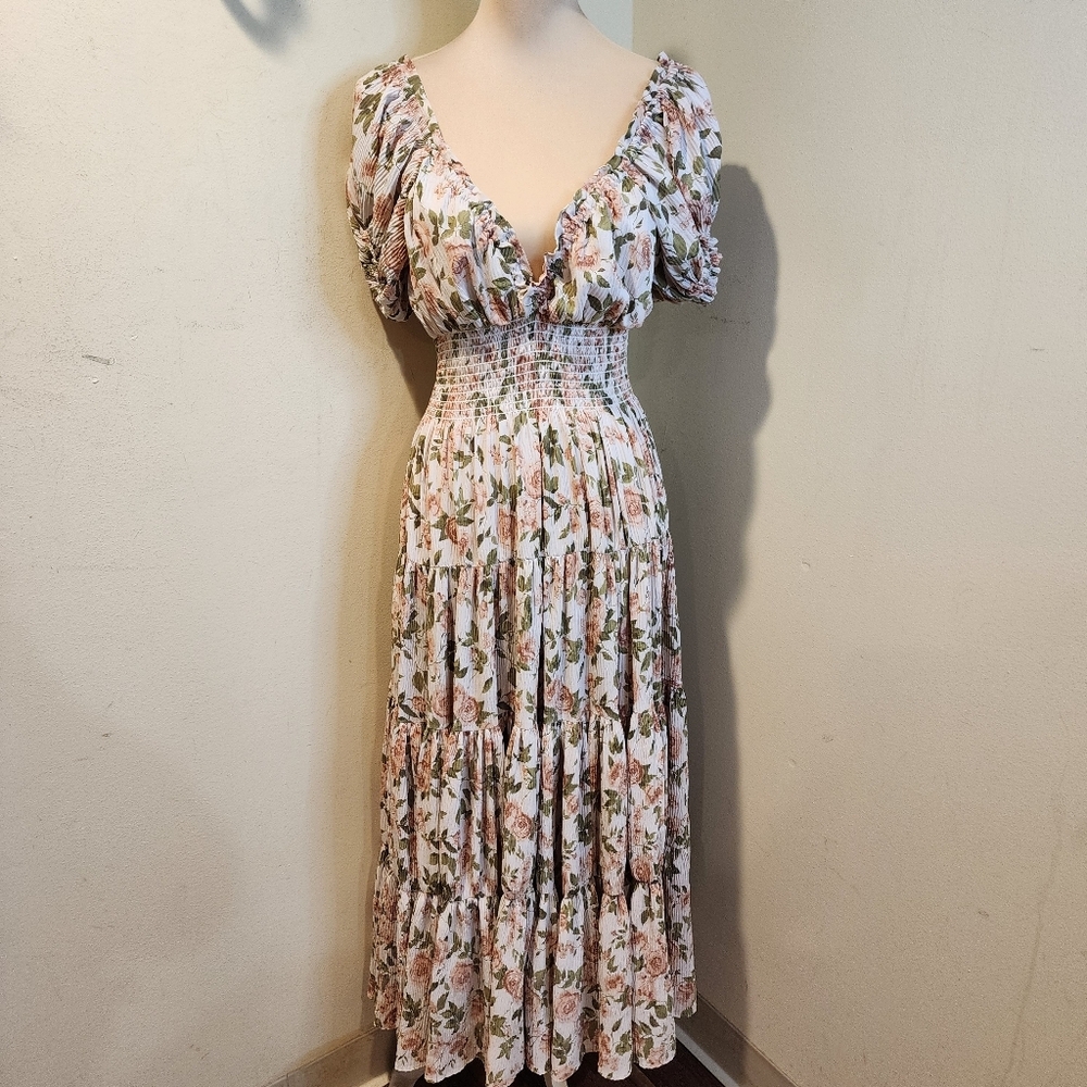 O.P.T Smocked Floral Maxi Dress in Blush & Leaf Green Sz S - Picture 7 of 13